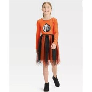 Halloween Cat & Jack Girls Dress Black Orange Pumpkin, Sequins Large (10-12) New